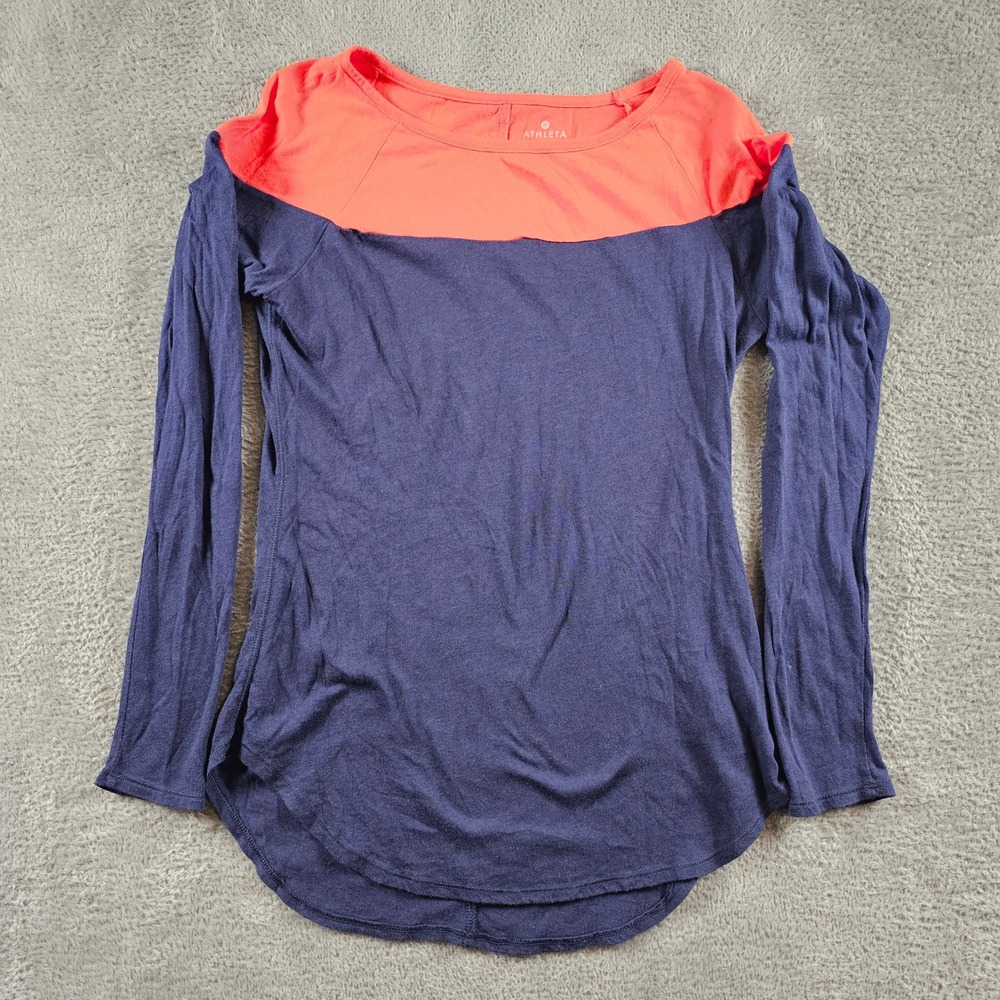 Athleta Long Sleeve Colorblock Top Navy Blue Coral Orange XS Preppy